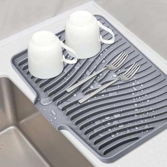 Silicone Dish Drying Mat for Kitchen Counter – Dish Drying Pad – Non-Slip Drain Pad with Built-in Drain – Heat Resistant Stone Drying Mat (15.8 x 13 inches, Grey)