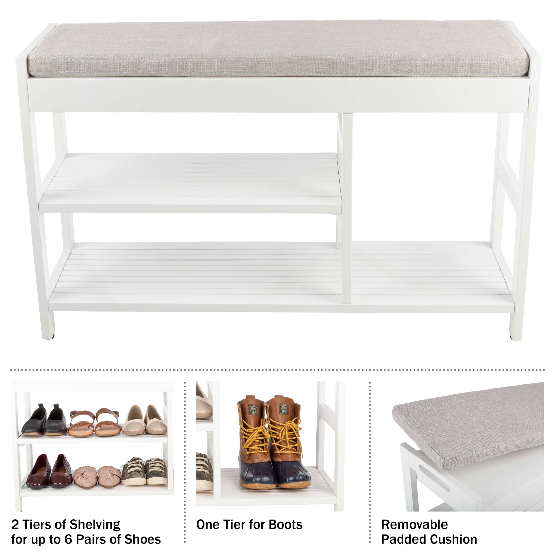 Lavish Home 3-Tier Shoe Bench with Cushioned Seat for Entryway (White)