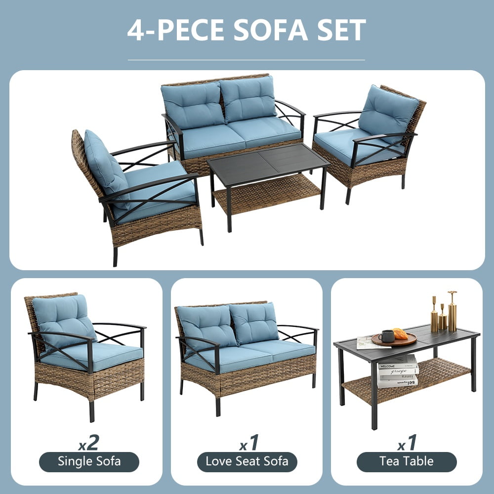 Patio Sofa Set, 4 Pieces Outdoor Sectional Furniture, All-Weather PE Rattan Wicker Patio Conversation Set, Cushioned Sofa Set with Coffee Table for Patio Garden Poolside Deck