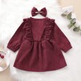 thumbnail image 4 of Vestido de manga larga con volantes de pana para niña pequeña, vestido de fiesta de princesa, traje de falda de otoño e invierno para 6-12 meses, rojo vino, longitud 40cm, talla 80, 4 of 5