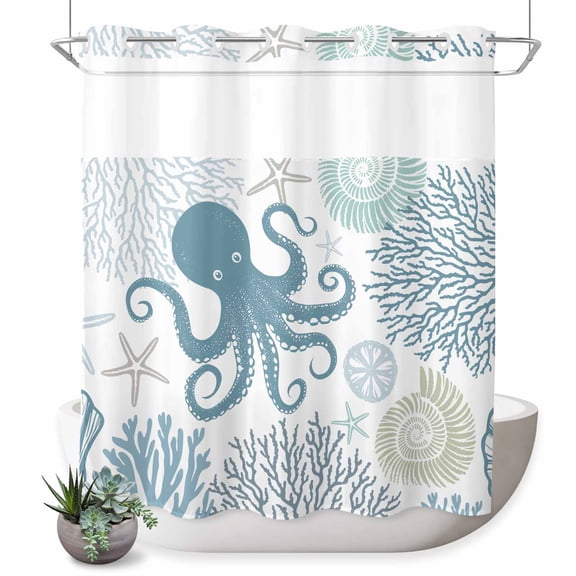 No Hook Shower Curtain, Blue Octopus Coastal Shower Curtains for Bathroom with See Through Top Window, Summer Beach Nautical Coral Waterproof & Washable Bath Curtain Standard 72"x72"