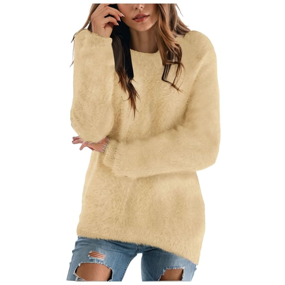 Hoodie Women Cute Winter Fall Loose Crewneck Long Sleeve Blouson Drop Shoulder Pleated Plain Leisure Cotton Tunics Tops Top(Beige,L)