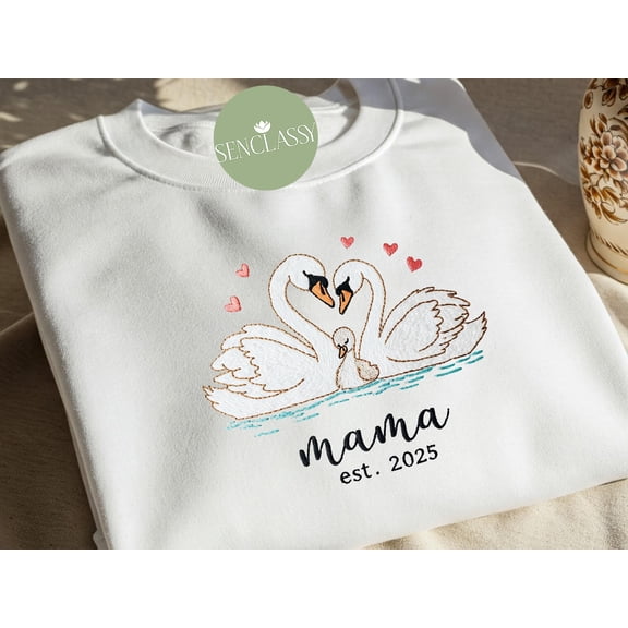 Swan Mom And Baby Embroidered Sweatshirt, Date Mother Day Gift, Birthday Gift for Wife, Swan Lover, New Mom Gift