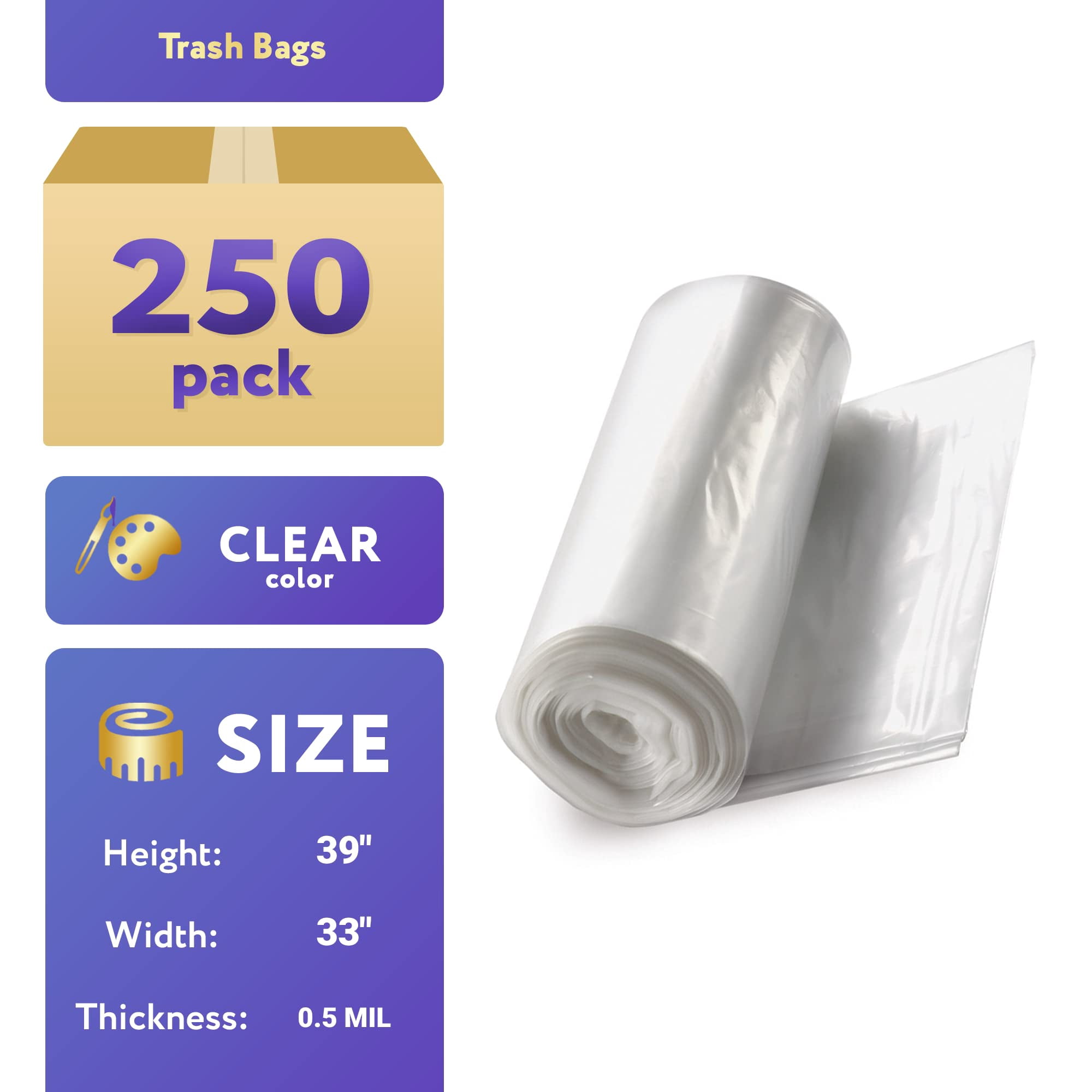 Clear Outdoor Trash Bags, Polyethylene Garbage Can Liners, 250 Count, 33 Gallon
