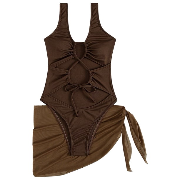 Gibobby Trajes de Baño Mujer Completo Traje de baño de tira de color sólido Falda corta Bikini de red Banda delgada Bikini ahuecado Traje de baño de biki(A,G)