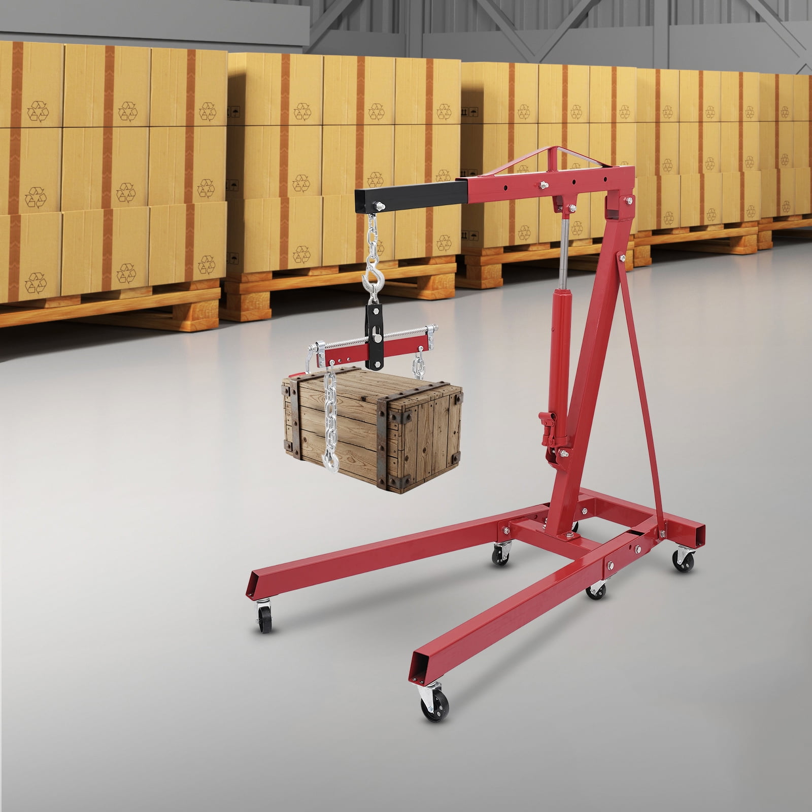 YIYIBYUS 2T Folding Hydraulic Crane Hydraulic Crane with Engine Leveler & Wheels Heavy-Duty Cherry Picker Shop Crane Oldable Engine Crane Red