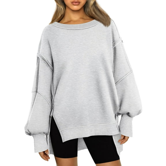 OBEEII Oversized Sweatshirts for Women Long Sleeve Crew Neck Pullover Tops Fashion Side Slits Tops Relax Fit Basic Jumper Tops