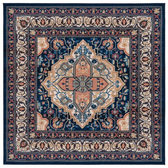 SAFAVIEH Journey Elfrida Medallion Machine Washable Area Rug, Navy/Ivory, 6'7" x 6'7" Square