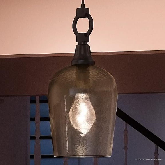 Urban Ambiance Luxury Old World Hanging Pendant Light, Small Size: 18.5"H x 9.25"W, with Contemporary Style Elements, Unique Design, Elegant Estate Bronze Finish and Smoked Hammered Glass, UQL2390