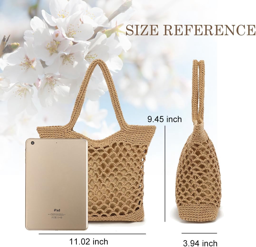 Woven Tote Bag for Women, Summer Beach Bag Large Crochet Shoulder Purse Handbag Boho Knit Bag for Summer Travel