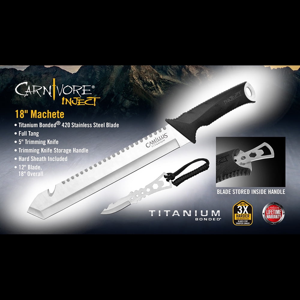 Camillus Carnivore Inject 5" Machete with 5" Trimming Knife and Sheath, Black/Silver