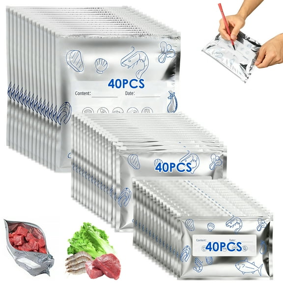 Threns Reusable Aluminum Foil Sealable Storage Bag Resealable Vacuum Zipper Pouch for Food Stand Up Foil Sealable Bag with Label and Zipper for Vegetable Fruit Meat (120PCS, 3 Size)