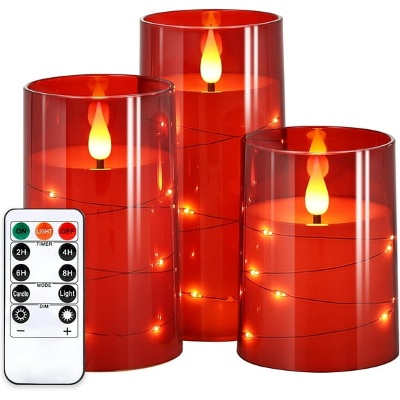 Flickering Flameless Candles: Built-in Star String Lights Battery Operated LED Pillar Candles with Remote and Timer Romantic Decorations for Wedding Party Christmas Halloween