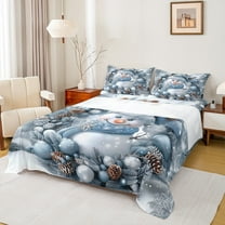 Manfei Kids Snowman Queen Sheet Sets for Boys Girls, Gray Merry Christmas Flat Sheet, Xmas Ball Pine Corn Queen Fitted Sheet, Super Cozy Room Decor 4pcs