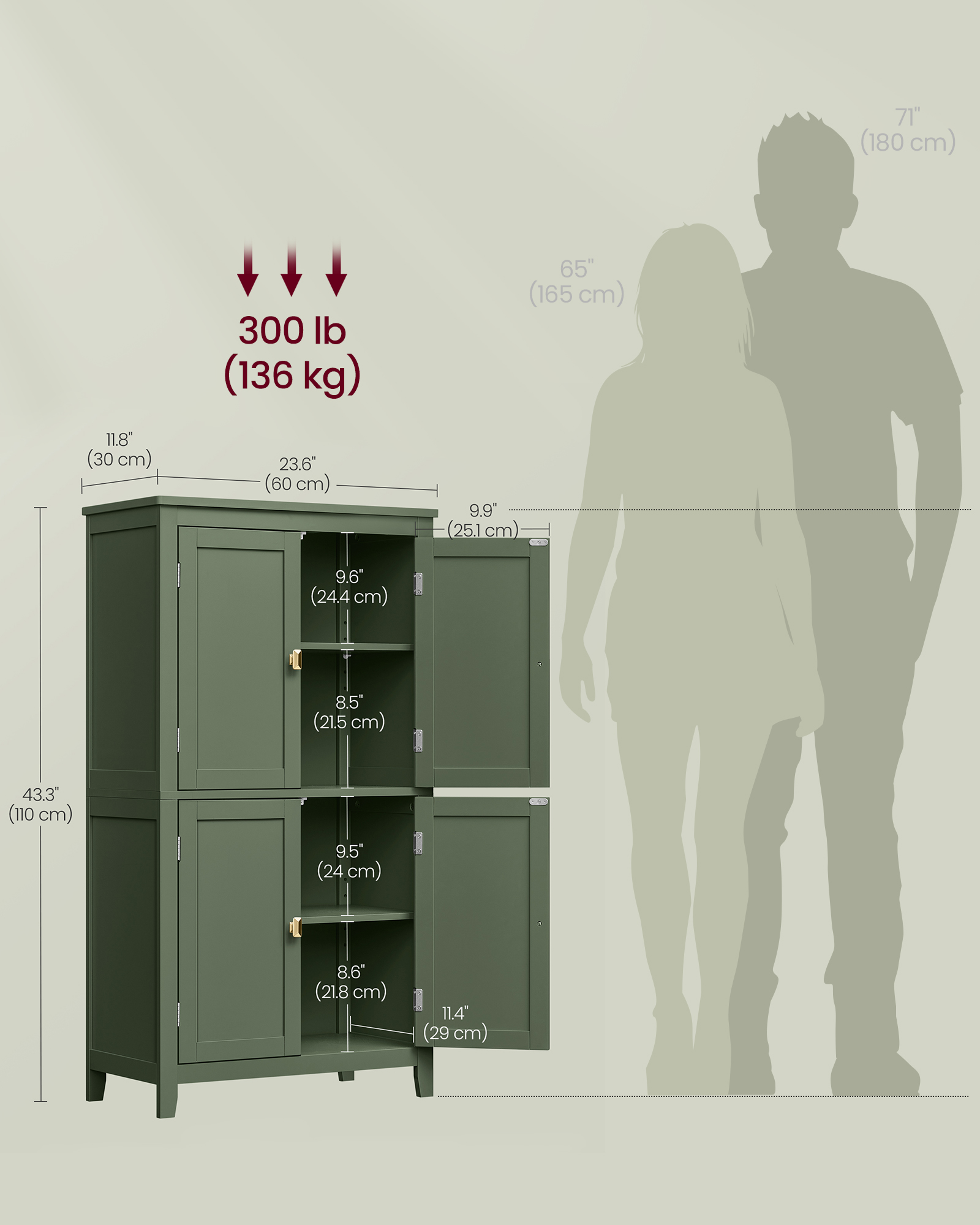Floor Storage Cabinet,  Storage Unit, Freestanding Cabinet with 4 Doors, 11.8 x 23.6 x 43.3 Inches, Forest Green