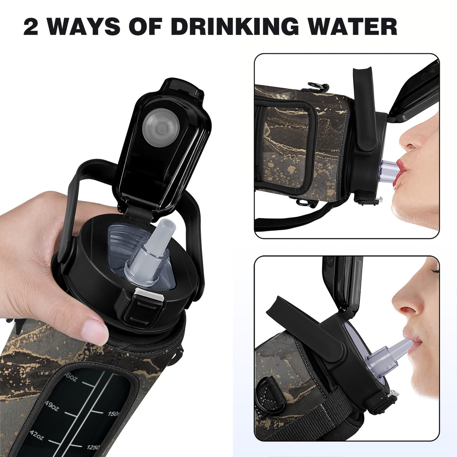 Marble Black&gold 64 Oz Water Bottle with Measurements - BPA Free Leakproof Sport Large Plastic Water Bottle with Straw & Time Marker & Insulated Neoprene Holder Carrier Bag Great Gift for Women Men