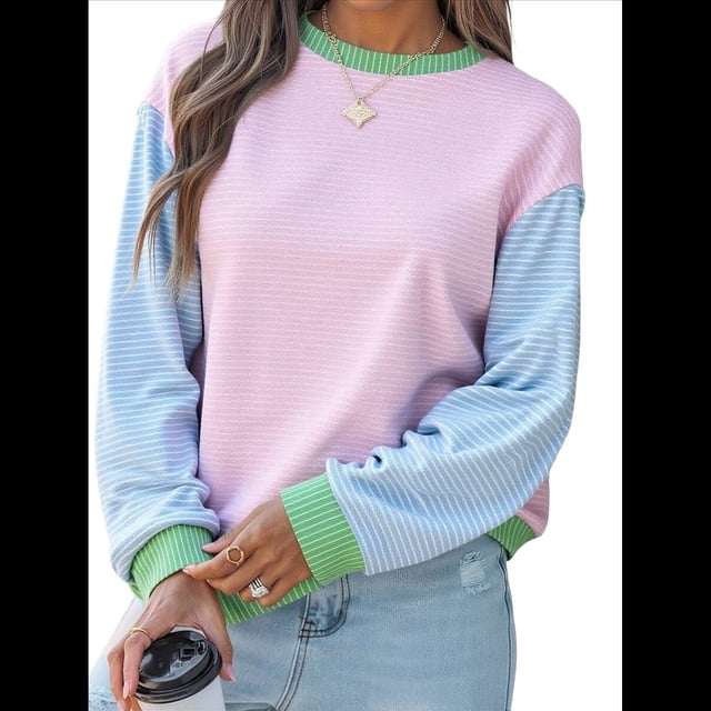 Camisas de Larga para Mujer, Túnicas Holgadas con Cuello Redondo A Rayas y Bloques de Color de Otoño. Rosa 4XL