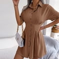 thumbnail image 4 of Chemises d'Été pour Femmes à Boutons Col à Revers Manches Courtes Mini Robe de Travail Décontractée Taille Plissée Robe Courte, 4 of 6