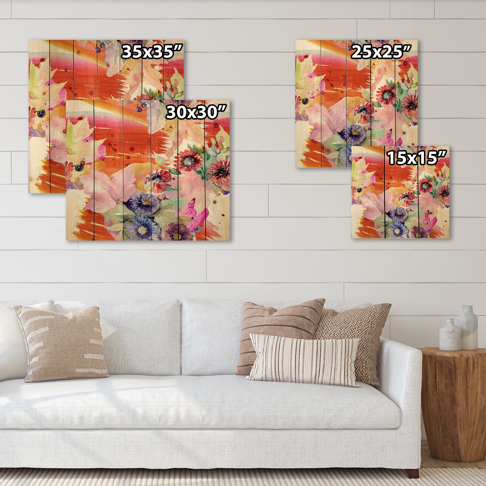 Designart 'Wildflowers and Vibrant Wild Spring Leaves VII' Modern Print on Natural Pine Wood