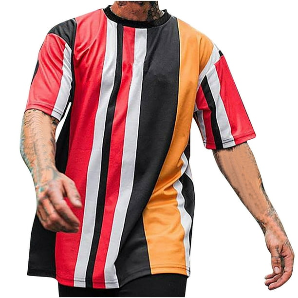 Camisetas de Manga Corta de los Hombres Casual Raya Cuello Redondo, Camiseta Ligera de Poliéster para Regalos Al Aire Libre, Viajes Y Familia