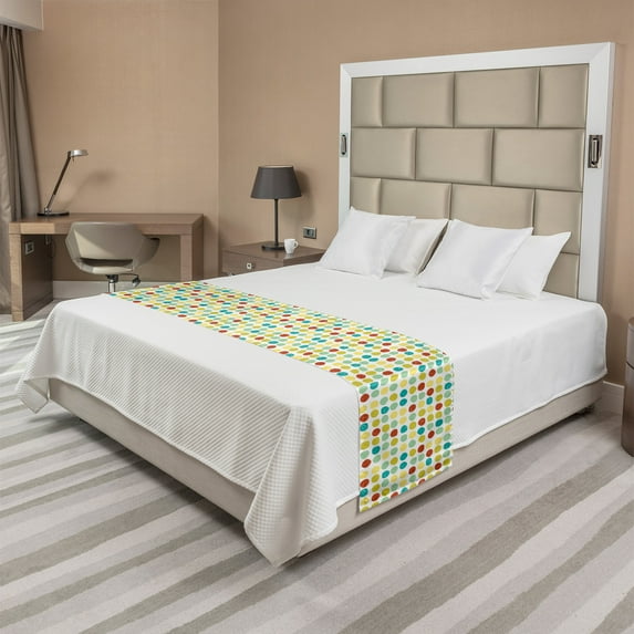 Geometric Bed Runner, Repetitive Funny Retro Pattern with Grunge Colorful Rounds Illustration, Decorative Accent Bedding Scarf for Hotels Homes and Guestrooms, King, Multicolor, by Ambesonne