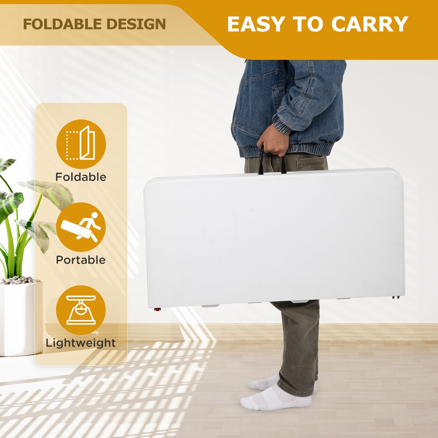 34" Small Folding Table Square Foldable Table Party Table with Handle Plastic Table Mesa Plegable Collapsible Dinning Table for Indoor& Outdoor,Easy to Use and Carry, White