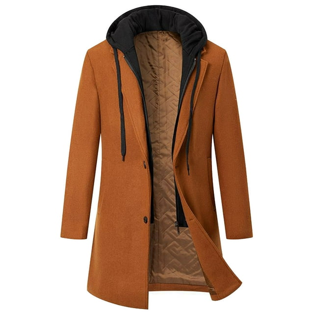 Men's Hooded Overcoat Jacket - Thickened Faux Two Piece Design Long Insulated Coat with Zip Button Closure for Winter Casual
