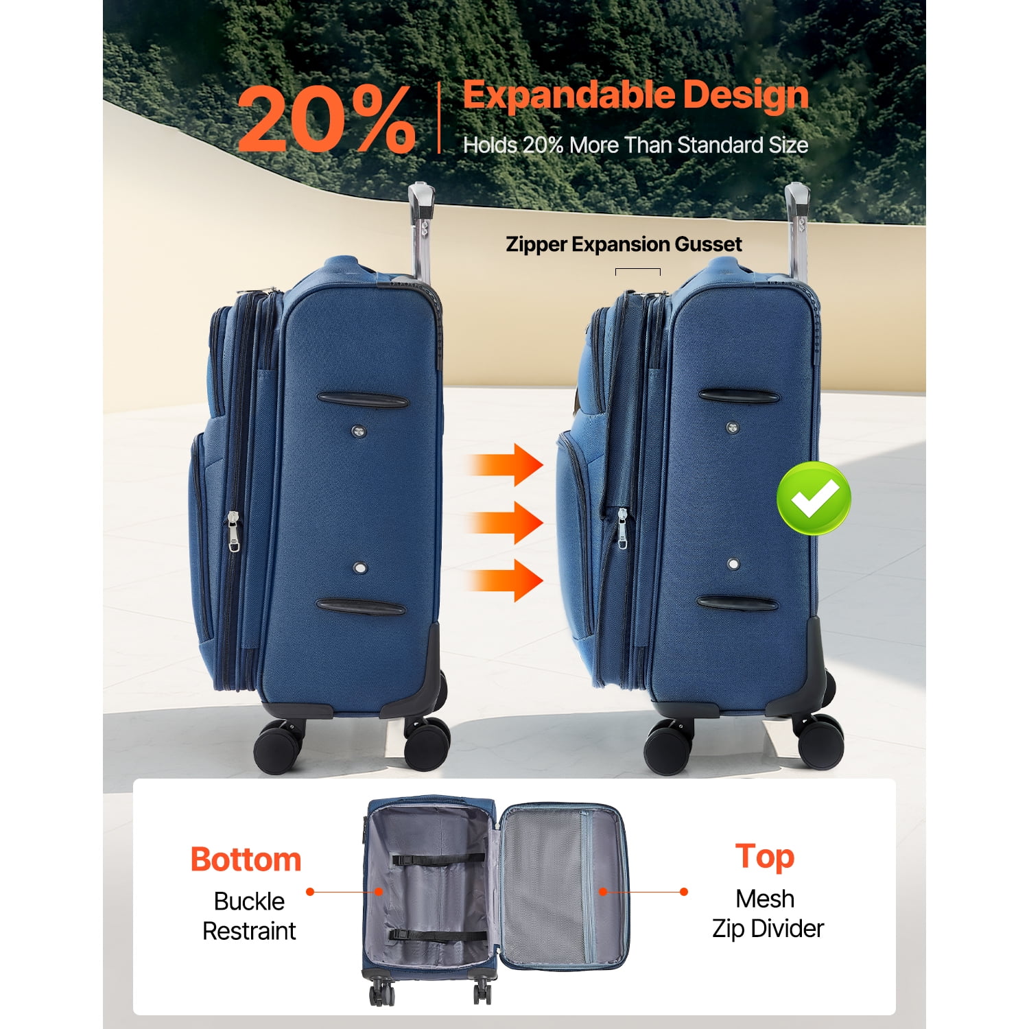 KFFKFF 20-Inch Expandable Softside Luggage with Spinner Wheels, Lightweight Carry-On Suitcase with TSA Lock and Extra Storage Pocket, Blue
