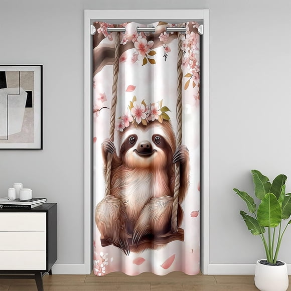 Erosebridal Panneau de Rideau de Porte Paresseux Mignon 34x80, Rideau Séparateur de Pièce Animal de Dessin Animé, Fleurs de Cerisier Roses Décoration de Chambre
