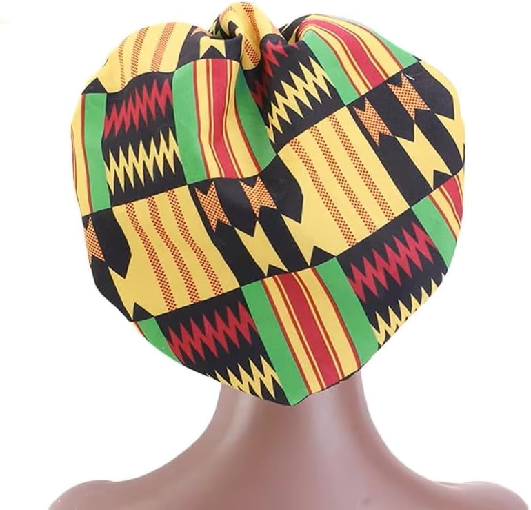 African Print Satin Silk Bonnet – Double-Layer Sleeping Hat With Long Ribbon Wrap, Ankara Design, Large Size Hair Cover For Ultimate Comfort Yellow