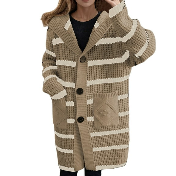 Women Chunky hooded long Cardigans sweaters plus size Trendy Long Sleeve button Cable knits fall winter v neck loose striped knitted outwear coat with pocket Khaki XL