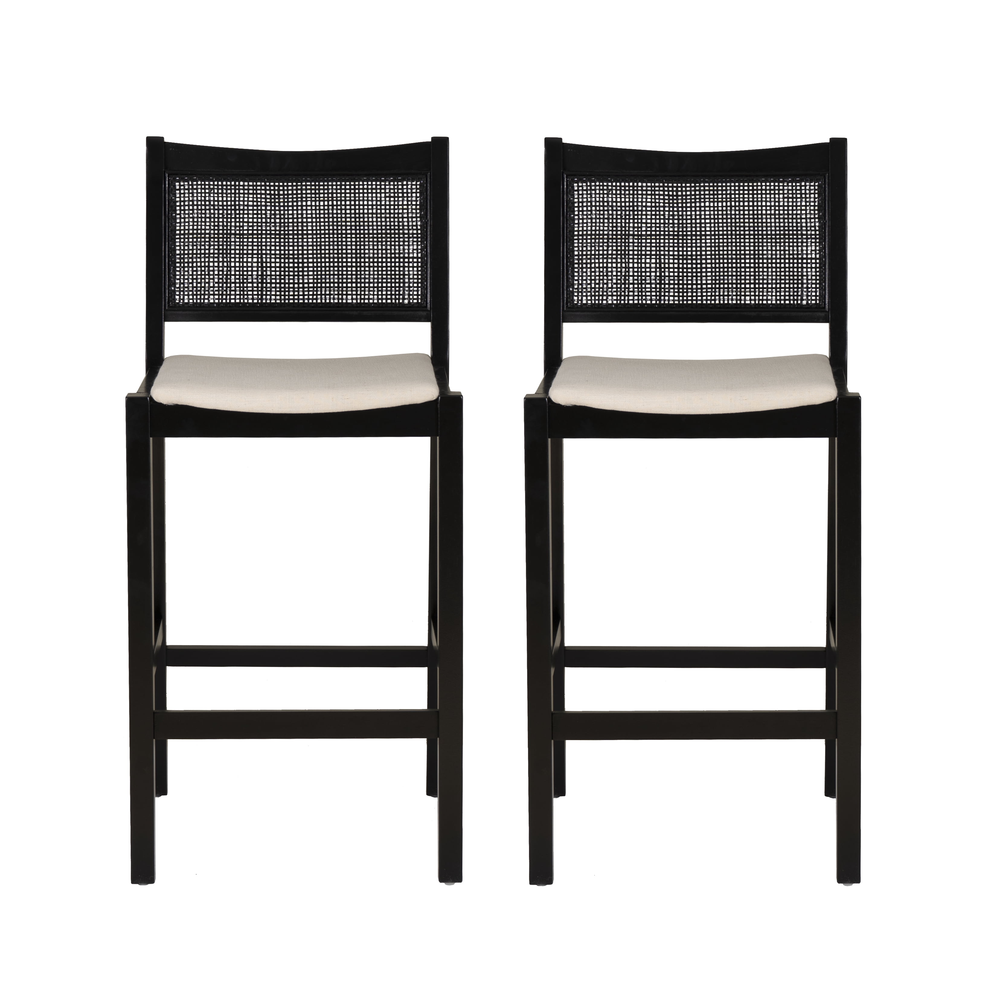 Powell Bilberry 29" Indoor Low Cane-Back Wood Barstool, Set of 2, Black/Natural/Beige