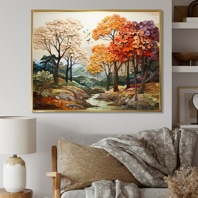 Designart Tree Maple Oversized framed wall art decor, Tree Maple framed wall Art, Seasonal Mosaic Maple Trees I , Yellow Traditional Gold framed wall art, 32x16 inches Gold Frame