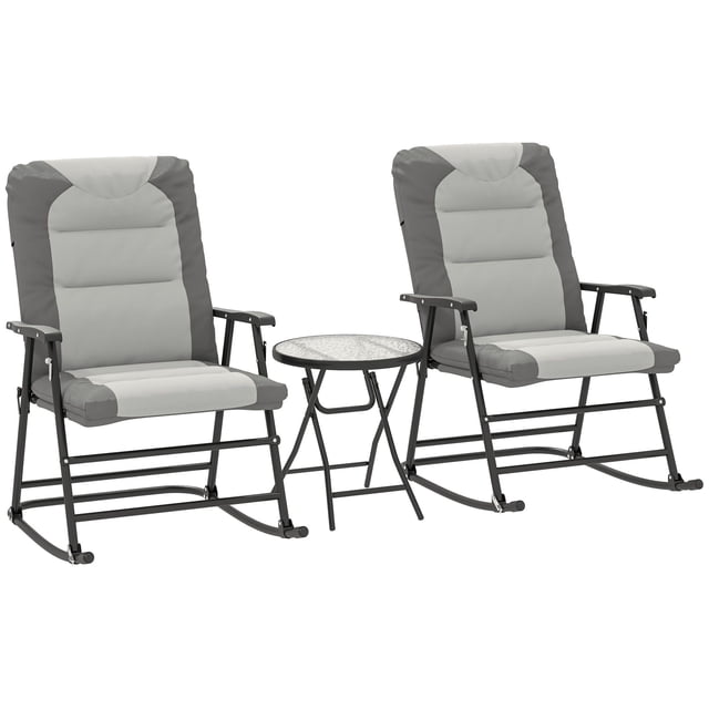 3-Piece Outdoor Rocking Chair Set with Tempered Glass Table, Foldable Steel Frame Bistro Set with Oxford Fabric, Light Grey, for Patio, Garden, Deck and Poolside Relaxation