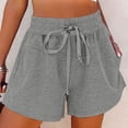 thumbnail image 2 of Pantalones cortos de cintura alta con cordón para mujer, cintura elástica y bolsillos, gris claro, estilo de pierna ancha, talla S, 2 of 6
