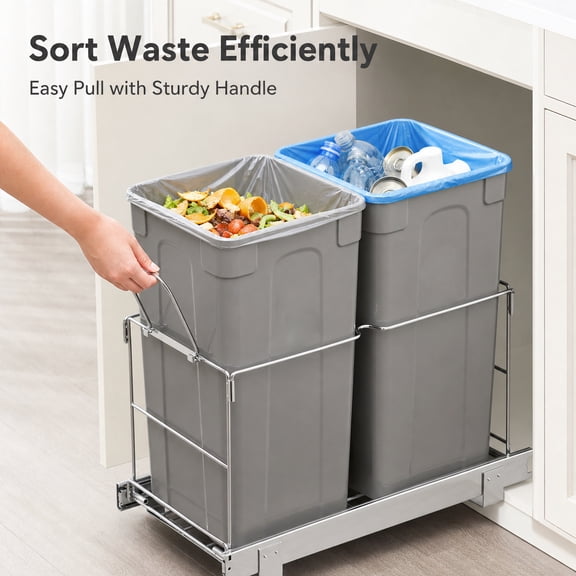 FOHERE Pull Out Trash Can Under Cabinet, 27QT Double Waste Bin with Handle, Heavy Duty Under Sink Trash Can with Soft-Close Slides for Kitchen Cabinet