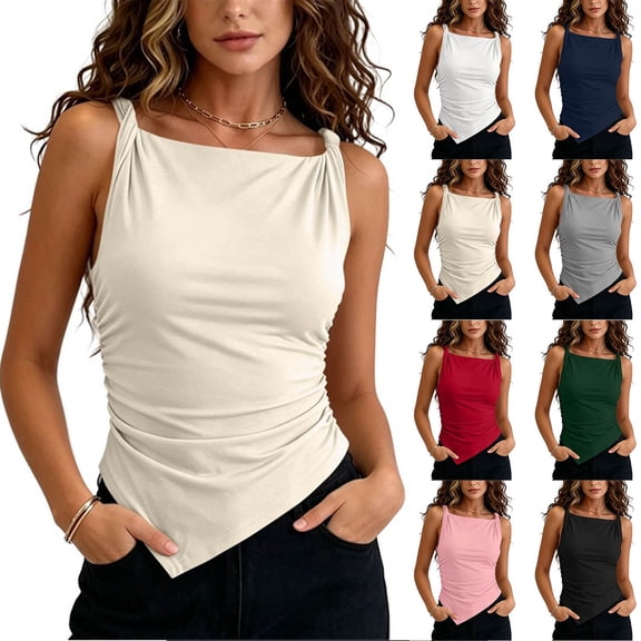 VBVC Women's Twisted Knot Shoulder Tank Top, Ladies' Asymmetric Hem Sleeveless Blouse, Casual Ruched Side Slim Fit Camisole For Women,Beige,S-2XL