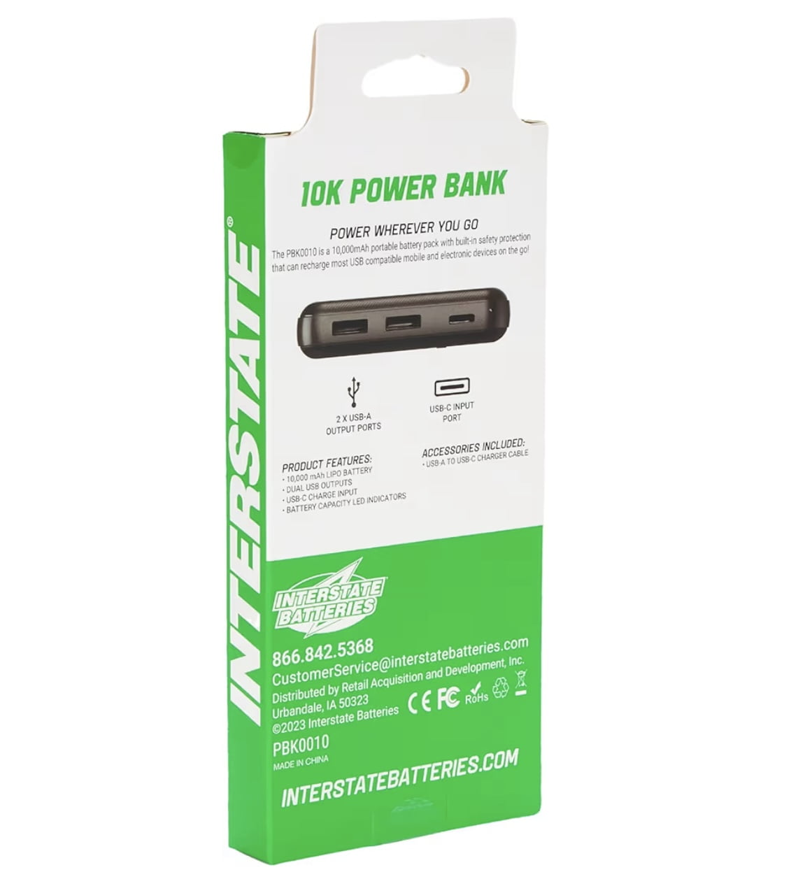 Interstate Batteries 10K Power Bank, 10,000mAh Battery Pack, Compact Travel-Ready Portable Charger, 5V, 10Ah High-Speed Charging for Cell Phones, Electronics, Emergencies (LED, USB Input and Output)