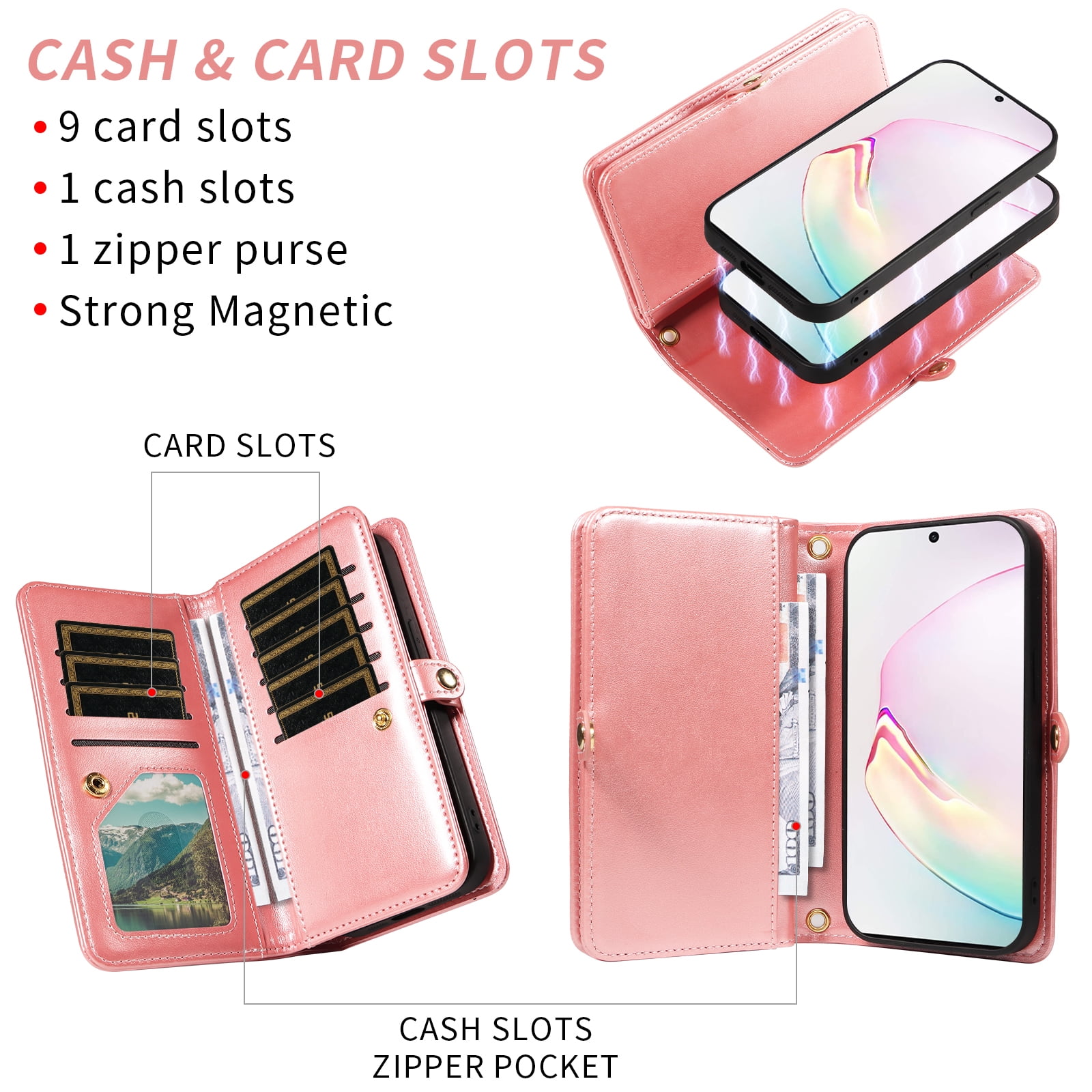 Asuwish Phone Case for Samsung Galaxy Note 10 Plus Note10+ 5G Zipper Wallet Cell Cover with Screen Protector Strap Flower Flip Card Holder Note10 + Notes 10+ Ten Not S10 10Plus Women Girls Rose Gold