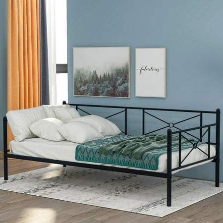 Metal Daybed Frame with Headboard,Twin Size Sofa Bed with Steel Slats,Modern Daybed Mattress Foundation for Home,Apartment and Dorms/Black