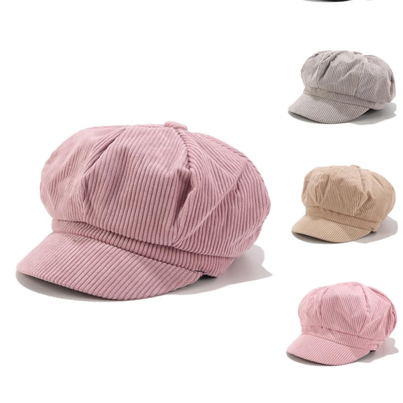Babaley Womens Hats Beret Cap Winter Solid Color Corduroy Warm Hat Vintage Octagonal Beret Headwear