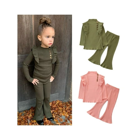 

Ma&Baby 1-6Y Kids Baby Girls Clothing Set Knitted Long Sleeve Ruffle Tops+Flared Pants Set Outfits Set