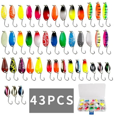 43Pcs Fishing Spoon Lure Set Metal Baits Trout Fishing Baits for Trout Char and Perch with Tackle Box Trout Lures Gear Saltwater Fishing Lures Spoon Swimbait Fishing Tackle