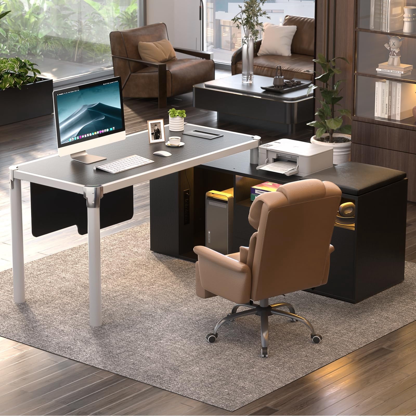 Homieasy L Shaped Desk with File Cabinet and Power Strip, Reversible Corner Office Desk with LED Lights, Large L-Shaped Computer Desk with Drawers for Home Office, Soft Cushion, Black