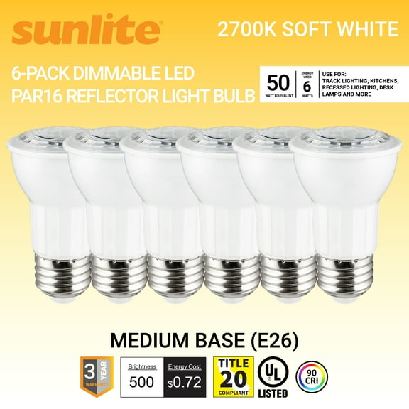Sunlite LED PAR16 Reflector Light Bulb, 6 Watts (50W Equivalent), Medium E26 Base, Dimmable,ETL Listed, 2700K Soft White, 6-Pack