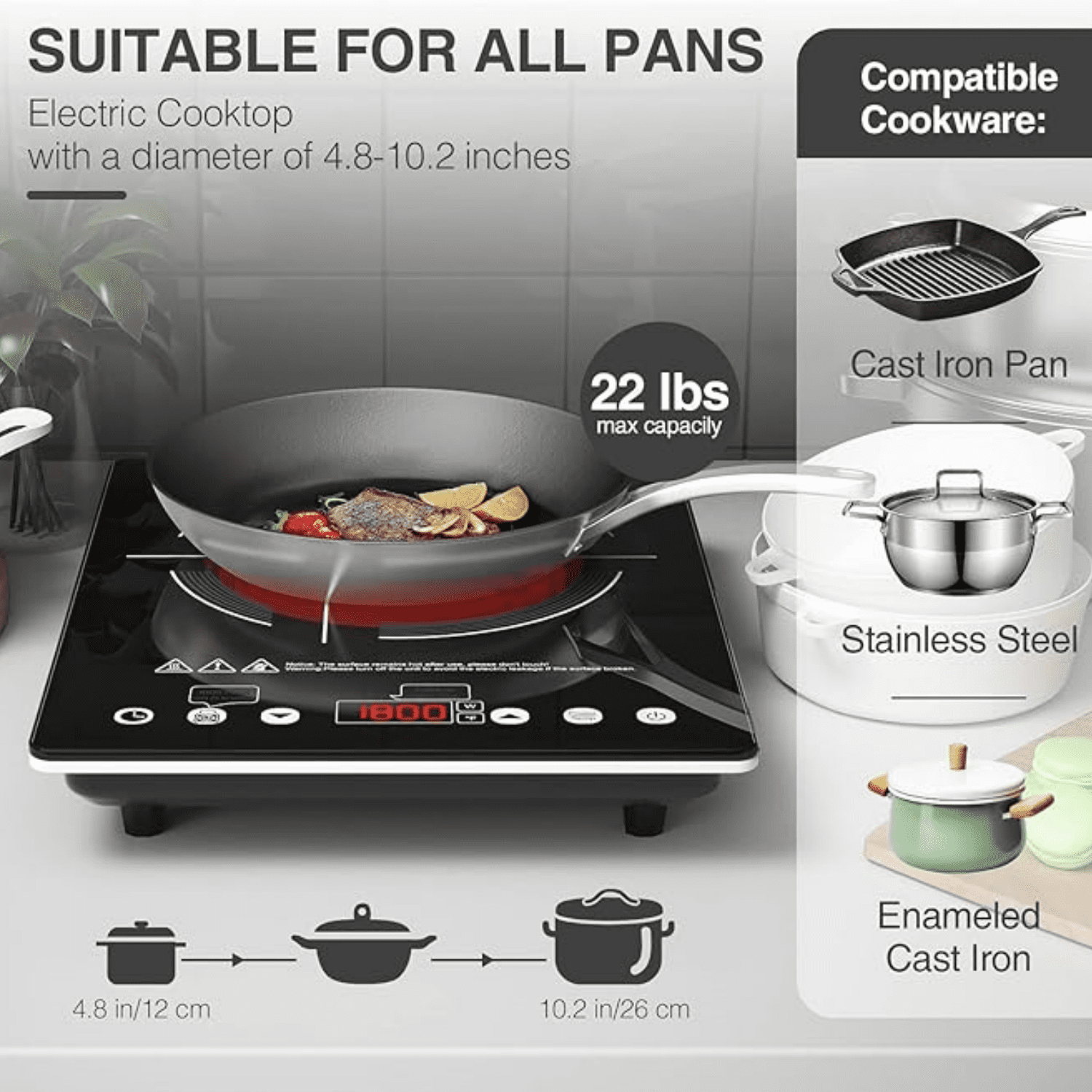 Electric Cooktop 110v,Single Burner Electric Stove Infrared Cooktop Hot Plate 1800W,4-Hour Setting,Black Crystal Glass Surface Compatible for All Cookware
