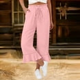 thumbnail image 7 of Linen Pants Women Summer Casual Ruffle Hem Wide Leg Drawstring Elastic Waist Capri Pants with Pockets Beach Vacation Travel Pants M, 7 of 7