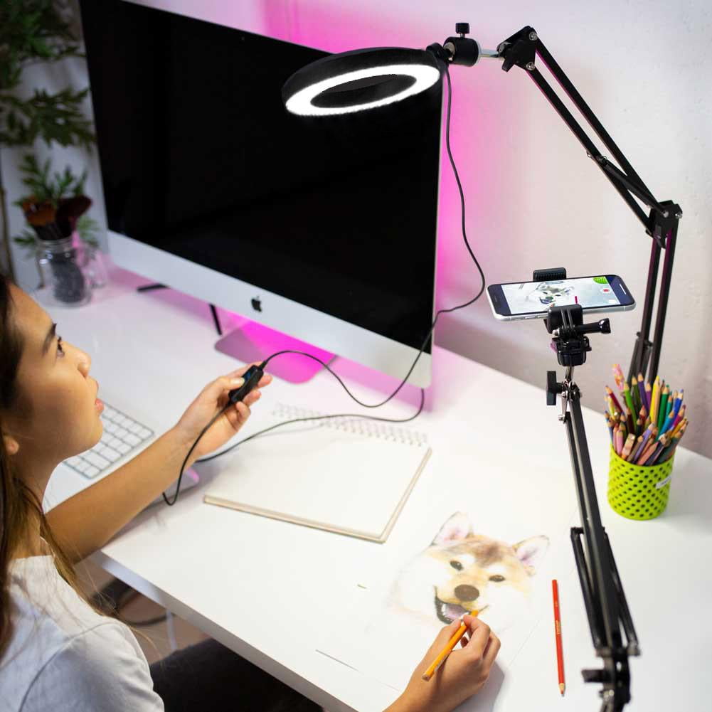 Phone Ring Light Holder, 8'' Ring Light with 2 Foldable Arm Stand for iPhone to Baking,Craft,Calligraphy,Drawing,Online Lesson,Video Recording