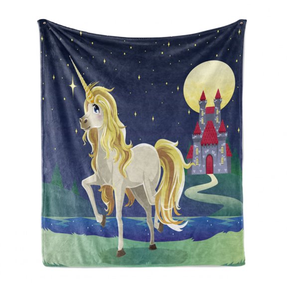 Castle Soft Flannel Fleece Throw Blanket, Unicorn by the River Imaginary Land Fortress Cartoon Illustration, Cozy Plush for Indoor and Outdoor Use, 60" x 80", Multicolor, by Ambesonne