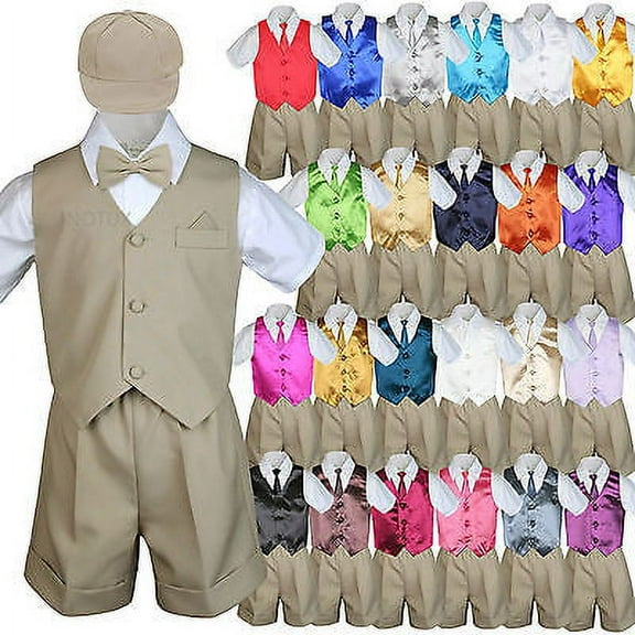 Baby Boy & Toddler Formal Vest Shorts Khaki Suit Extra Vest Necktie 7pc Set S-4T